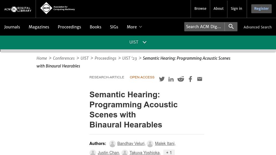 Screenshot of dl.acm.org: Semantic Hearing: Programming Acoustic Scenes with Binaural Hearables