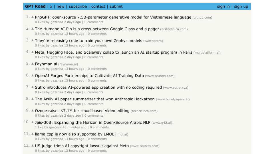 Screenshot of gptroad.com: Show HN: I built a Hacker News inspired newsboard for AI and robotics