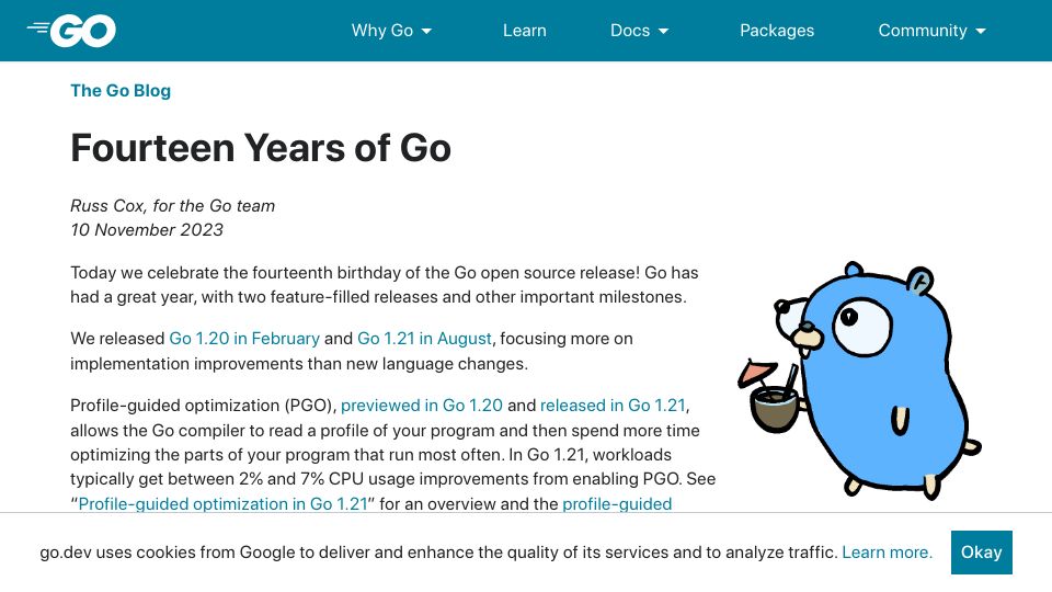 Screenshot of go.dev: Fourteen Years of Go