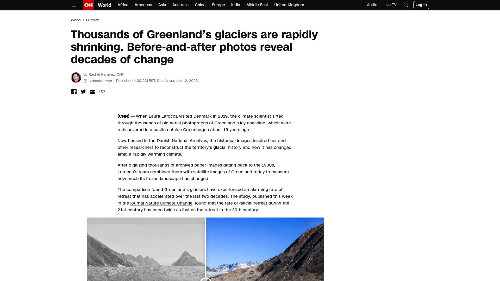 Screenshot of cnn.com: Before-and-after images show how Greenland's glaciers have rapidly retreated