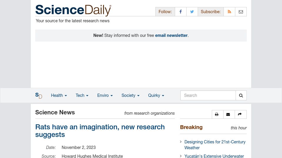 Screenshot of sciencedaily.com: Rats have an imagination, new research suggests