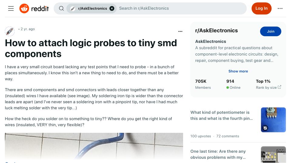 Screenshot of reddit.com: How to attach logic probes to tiny SMD components (2021)