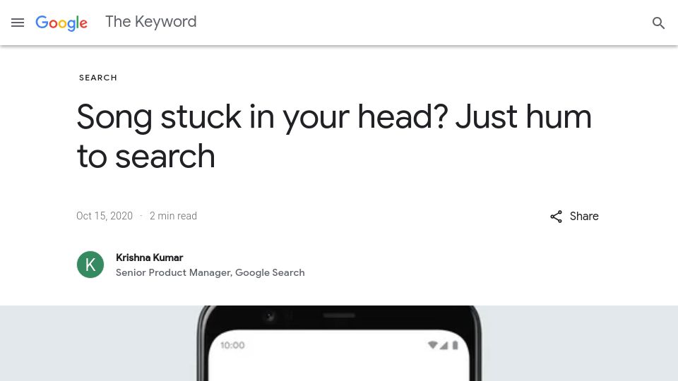 Screenshot of blog.google: Song stuck in your head? Just hum to search (2020)