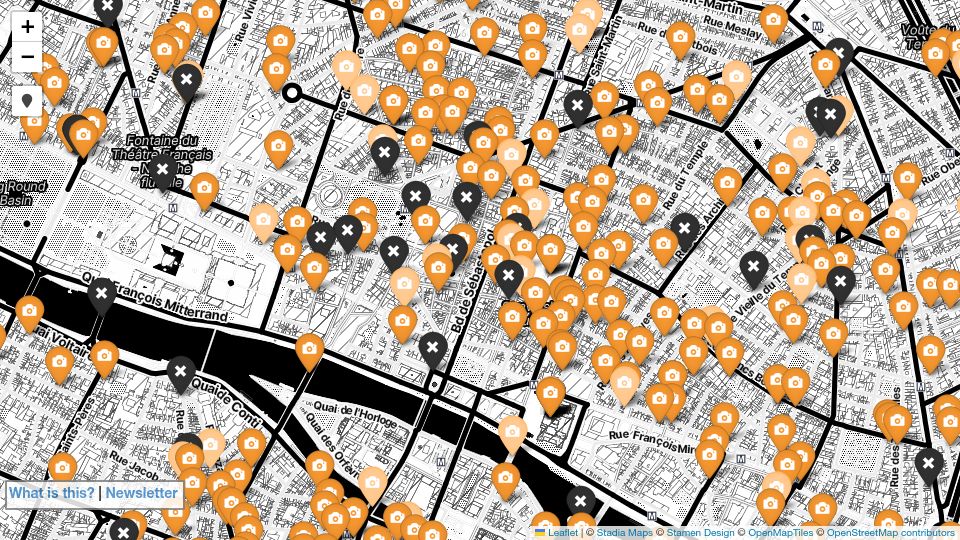 Screenshot of pnote.eu: Map of Space Invader Mosaics in Paris