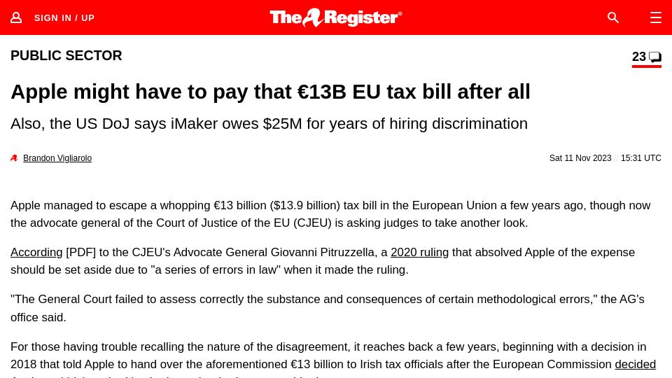 Screenshot of theregister.com: Apple might have to pay that €13B EU tax bill after all