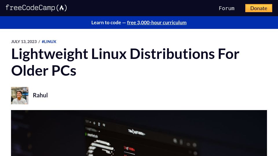 Screenshot of freecodecamp.org: Lightweight Linux Distributions for Older PCs