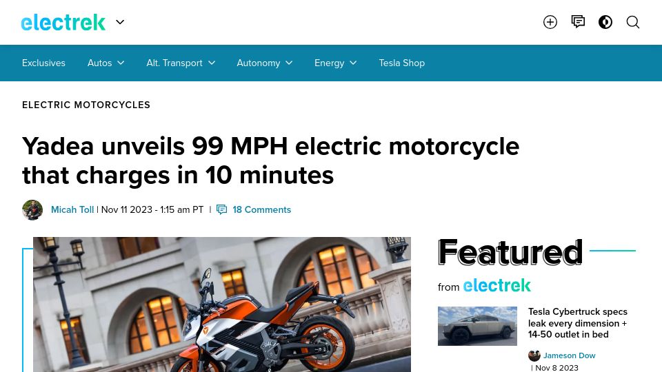 Screenshot of electrek.co: Yadea unveils 99 MPH electric motorcycle that charges in 10 minutes
