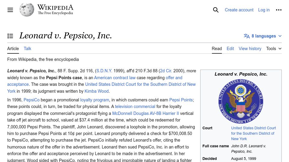 Screenshot of en.wikipedia.org: Leonard vs. Pepsico, Inc