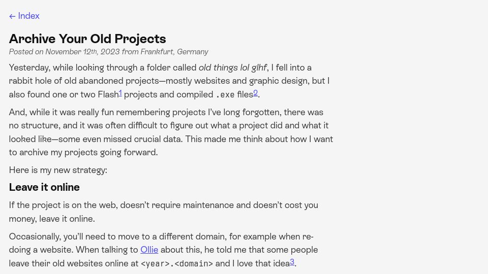 Screenshot of arne.me: Archive your old projects