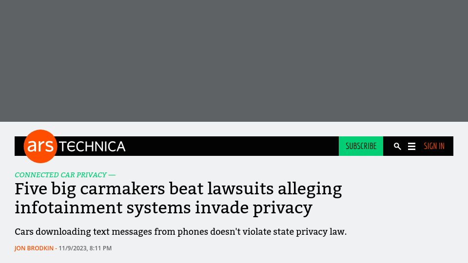 Screenshot of arstechnica.com: Cars downloading text messages from phones doesn't violate state privacy law