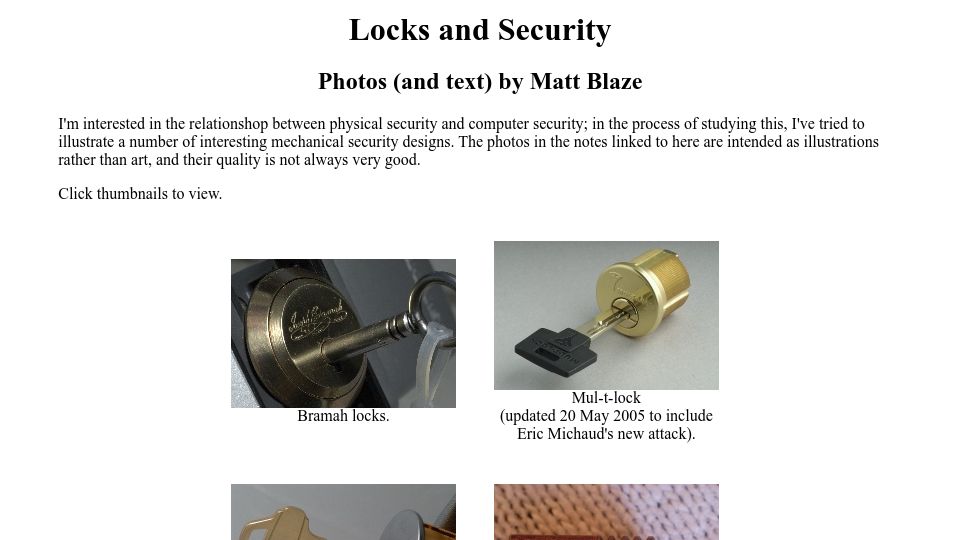 Screenshot of mattblaze.org: Locks and Security (2005)