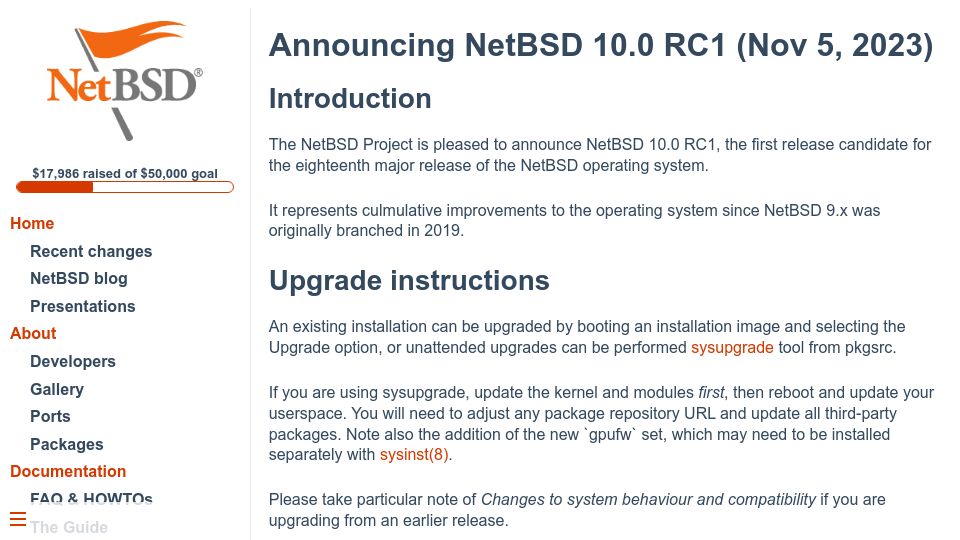 Screenshot of netbsd.org: NetBSD 10.0 RC1