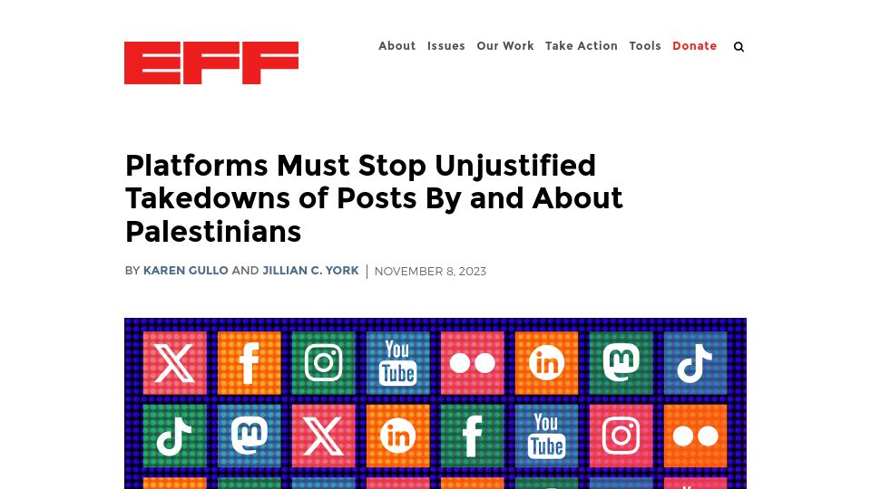 Screenshot of eff.org: Platforms Must Stop Unjustified Takedowns of Posts by and About Palestinians