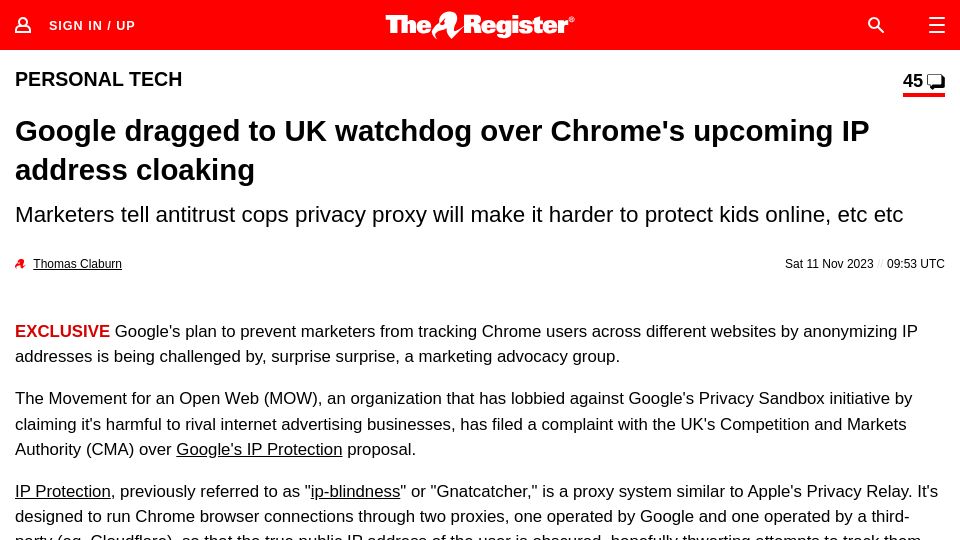 Screenshot of theregister.com: Google dragged to UK watchdog over Chrome's upcoming IP address cloaking