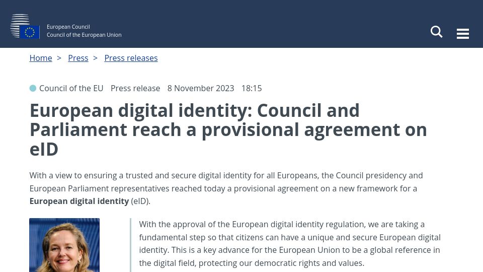 Screenshot of consilium.europa.eu: European digital identity: provisional agreement reached on eID