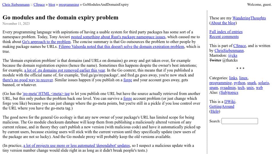 Screenshot of utcc.utoronto.ca: Go modules and the domain expiry problem