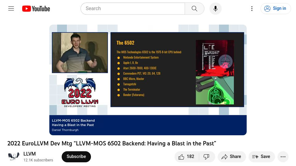 Screenshot of youtube.com: 6502 back end for LLVM (2022) [video]