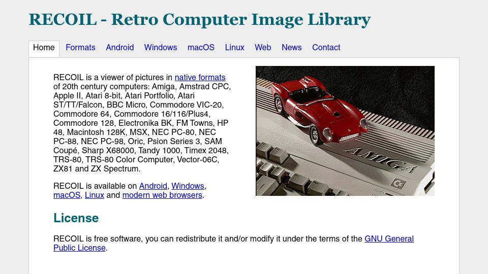 Screenshot of recoil.sourceforge.net: Recoil – Retro Computer Image Library