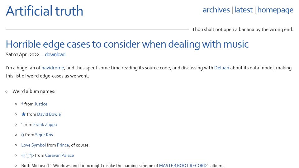 Screenshot of dustri.org: Horrible edge cases to consider when dealing with music (2022)