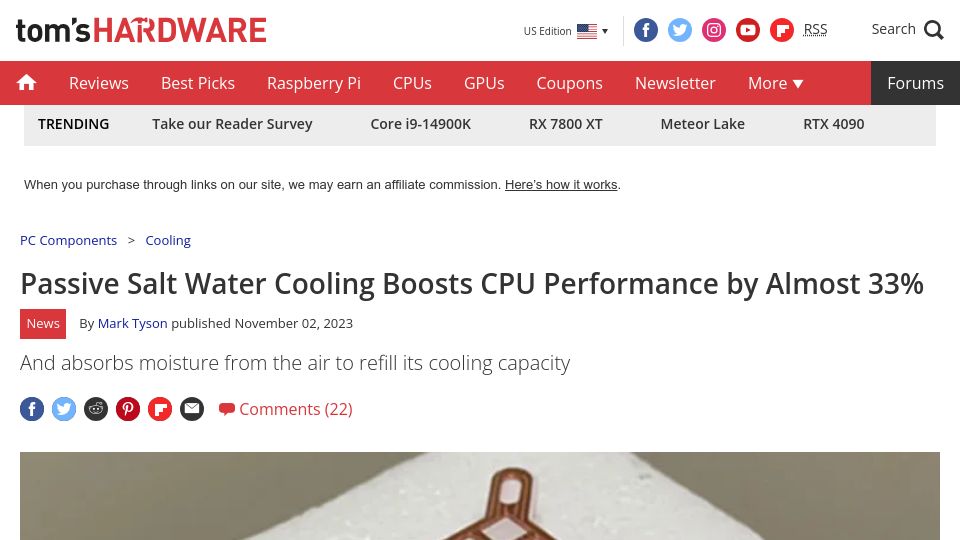 Screenshot of tomshardware.com: Passive Salt Water Cooling Boosts CPU Performance by Almost 33%