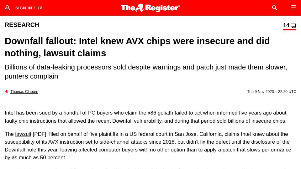 Screenshot of theregister.com: Downfall fallout lawsuit: Intel knew AVX chips were insecure and did nothing