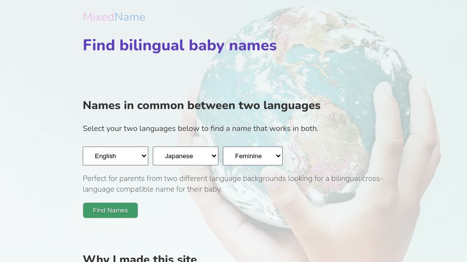 Screenshot of mixedname.com: Find bilingual baby names