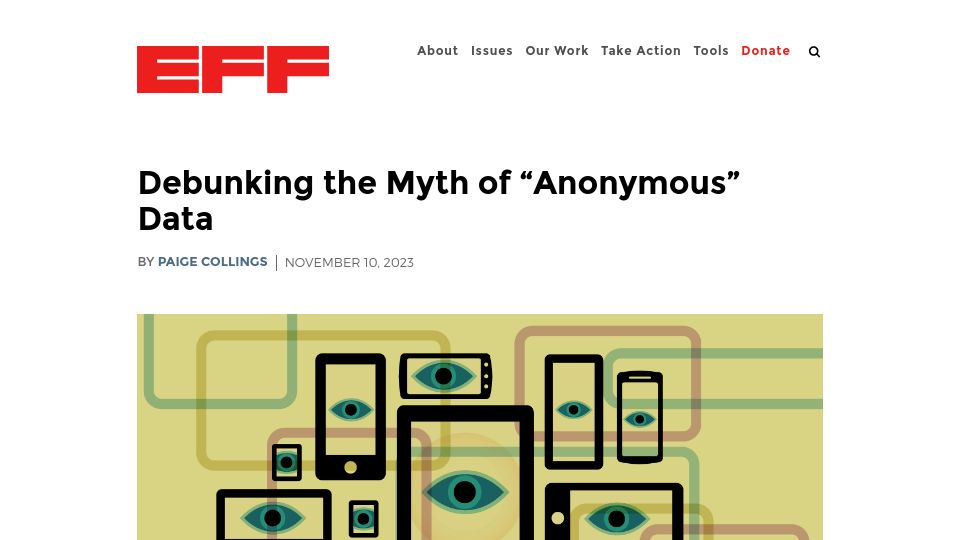 Screenshot of eff.org: Debunking the Myth of "Anonymous" Data