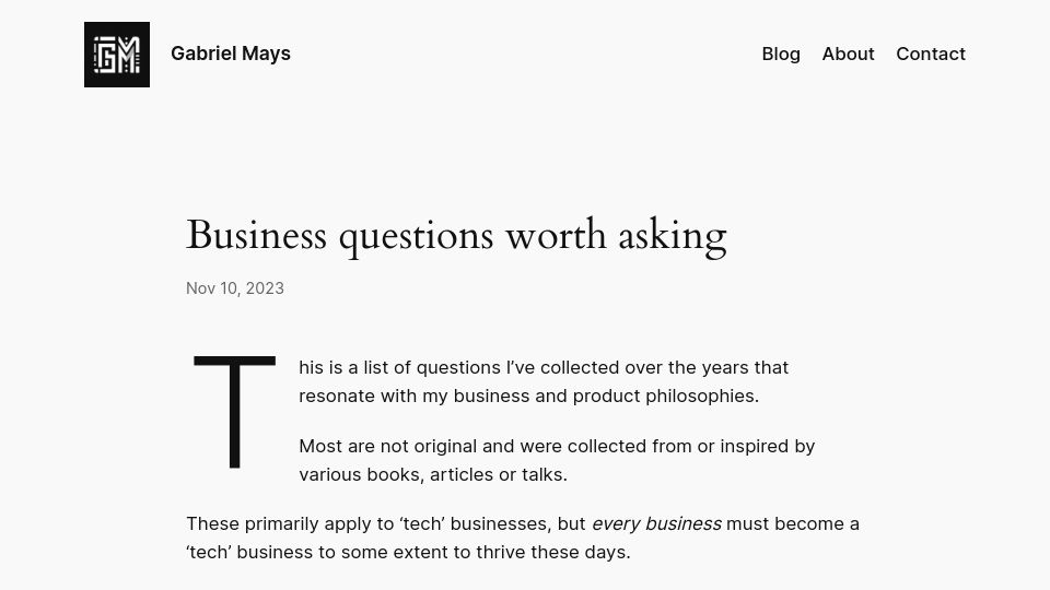 Screenshot of gmays.com: Business questions worth asking