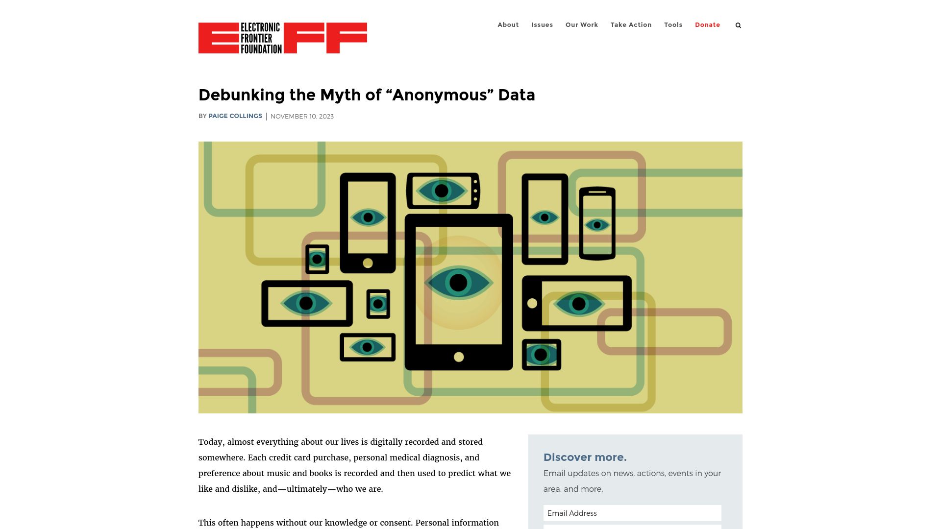 Screenshot of eff.org: Debunking the Myth of "Anonymous" Data
