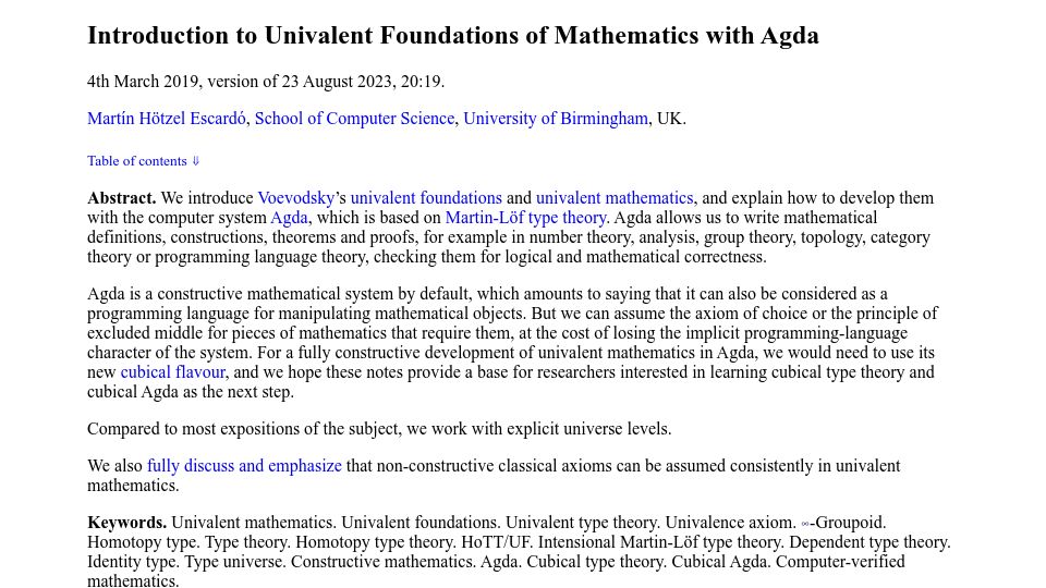 Screenshot of cs.bham.ac.uk: Introduction to Univalent Foundations of Mathematics with Agda