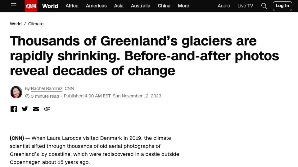 Screenshot of cnn.com: Before-and-after images show how Greenland's glaciers have rapidly retreated