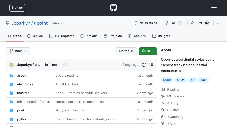Screenshot of github.com: Show HN: Open-source digital stylus with six degrees of freedom