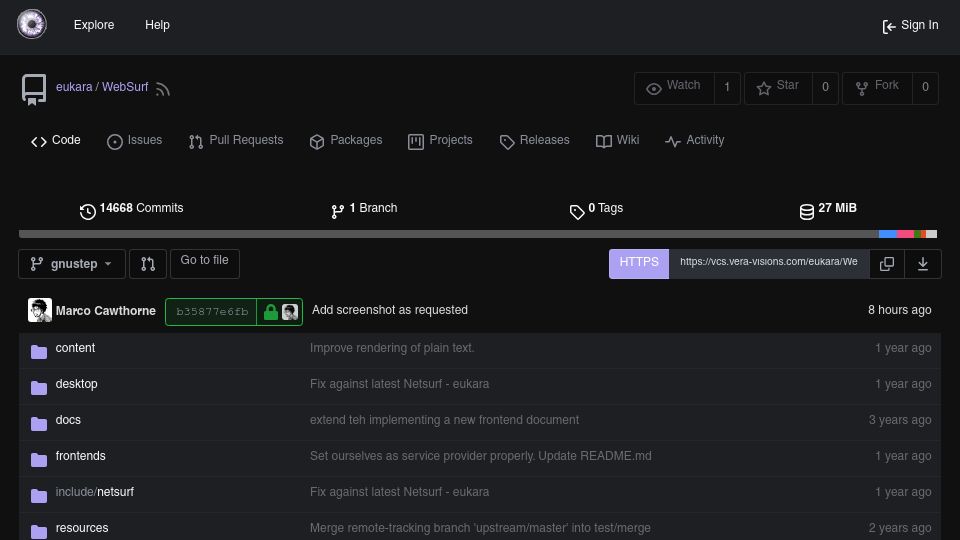 Screenshot of vcs.vera-visions.com: Websurf: GNUStep web browser based on Netsurf