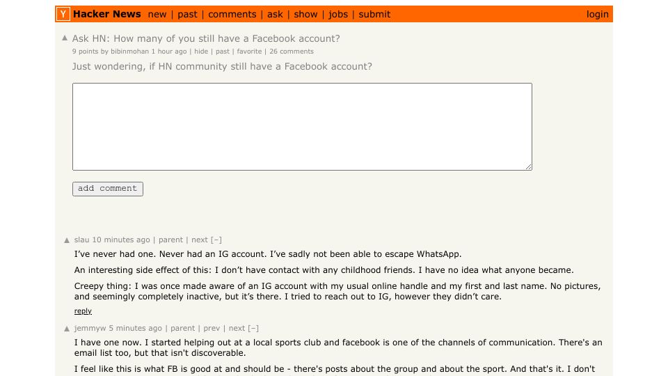 Screenshot of Hacker News post: Ask HN: How many of you still have a Facebook account?