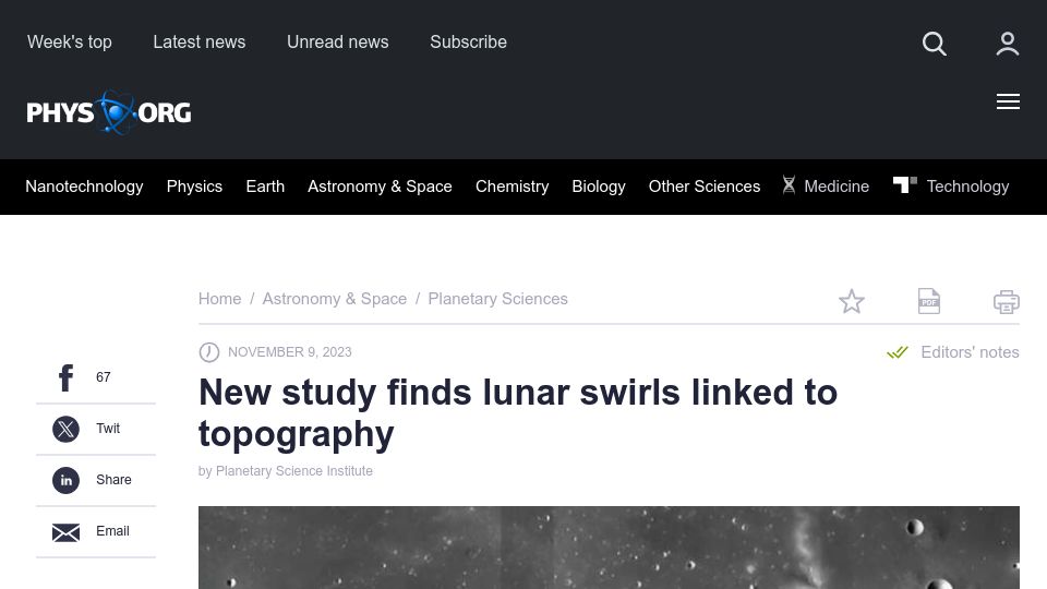 Screenshot of phys.org: Study finds lunar swirls linked to topography