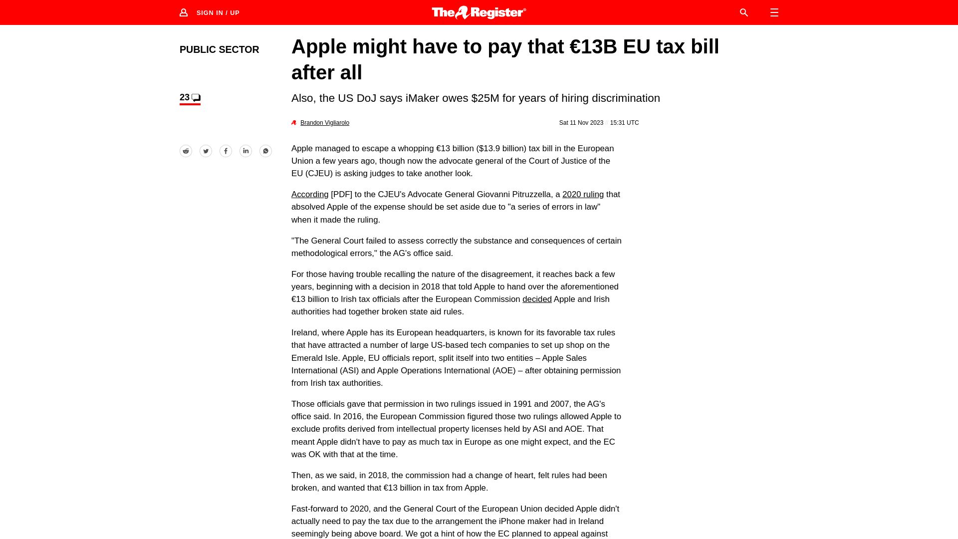 Screenshot of theregister.com: Apple might have to pay that €13B EU tax bill after all