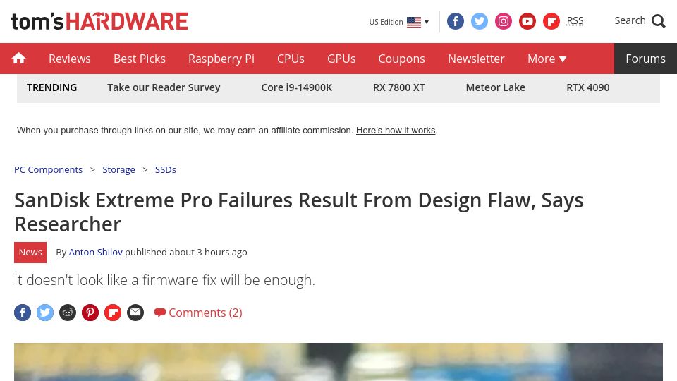 Screenshot of tomshardware.com: SanDisk Extreme Pro failures result from design flaw, says researcher