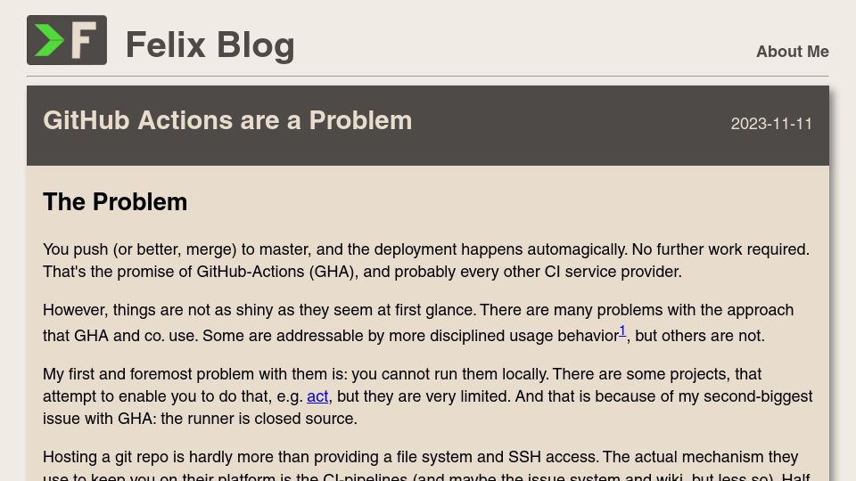Screenshot of felix-knorr.net: GitHub Actions Are a Problem