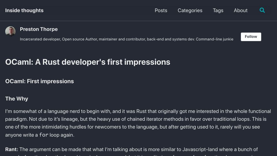 Screenshot of pthorpe92.github.io: OCaml: a Rust developer's first impressions