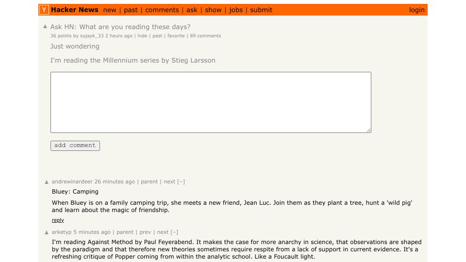 Screenshot of Hacker News post: Ask HN: What are you reading these days?