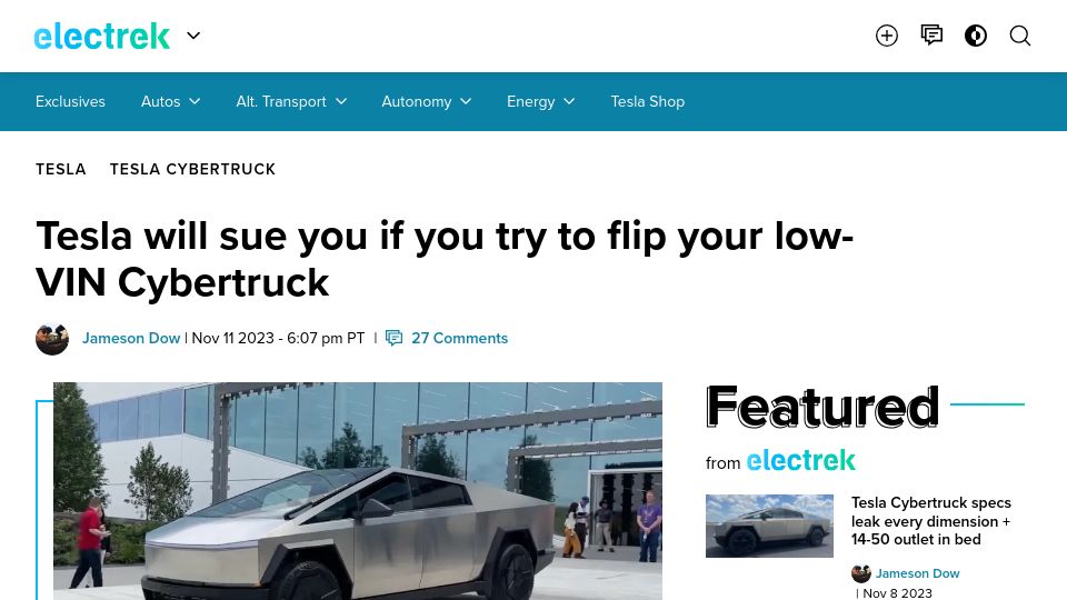 Screenshot of electrek.co: Tesla will sue you if you try to flip your low-VIN Cybertruck