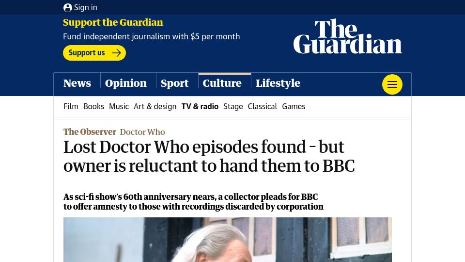 Screenshot of theguardian.com: Lost "Doctor Who" episodes found but owner is reluctant to hand them to BBC