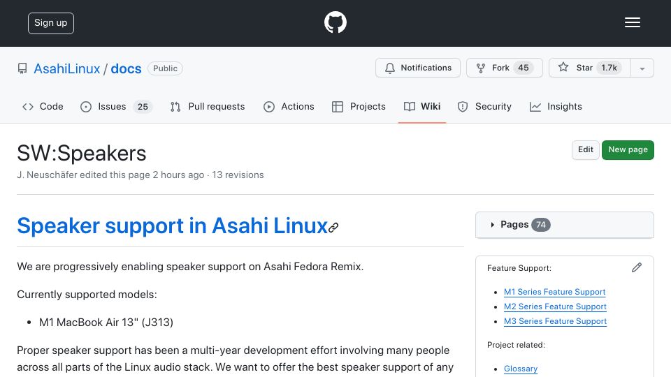 Screenshot of github.com: Speaker Support in Asahi Linux