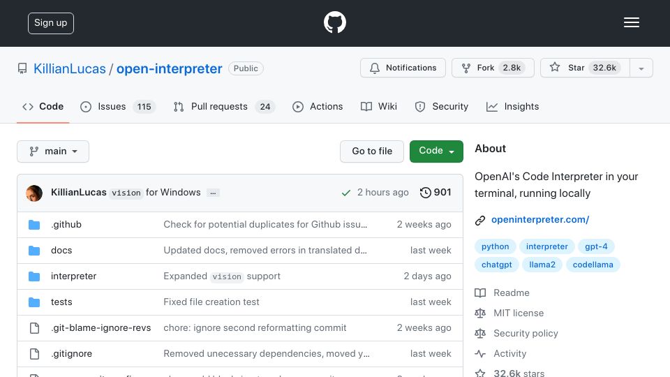 Screenshot of github.com: Open-interpreter: OpenAI's Code Interpreter in your terminal, running locally