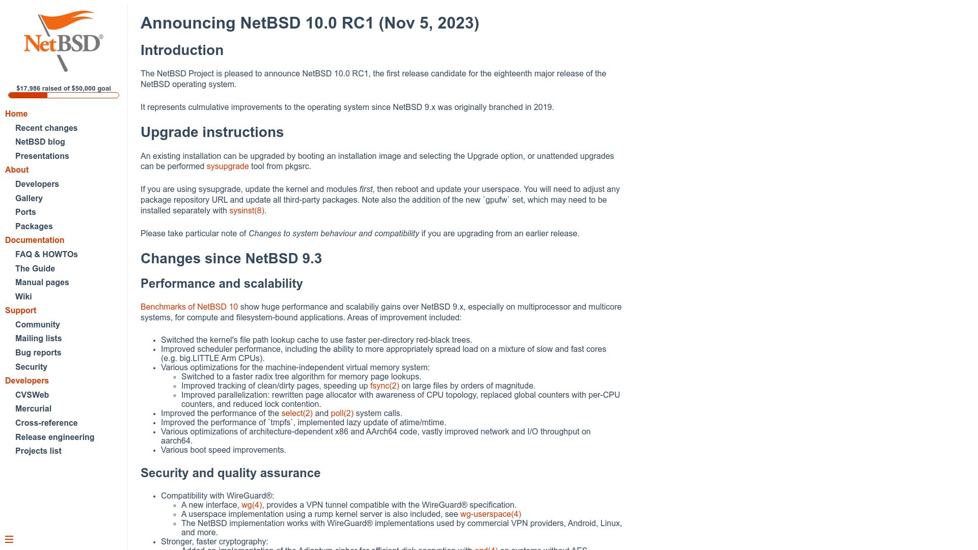 Screenshot of netbsd.org: NetBSD 10.0 RC1