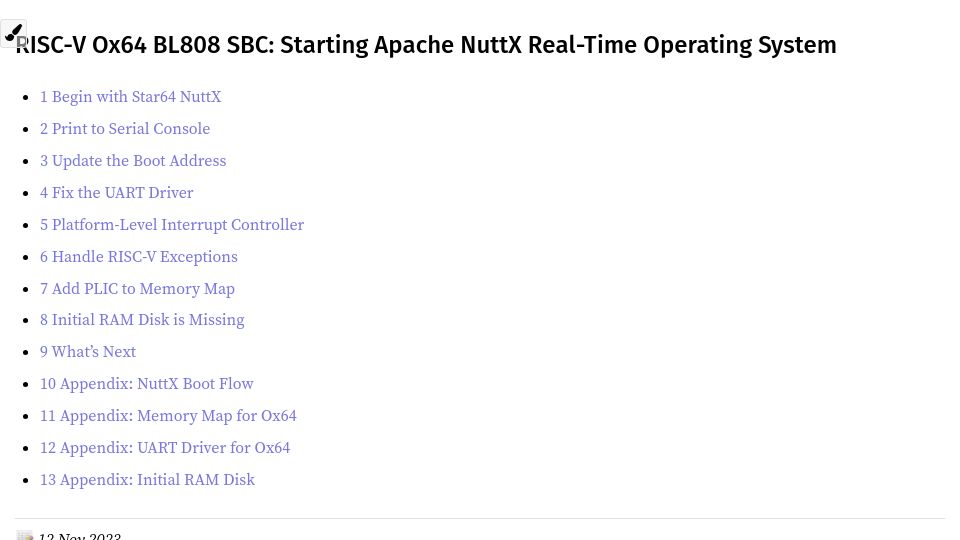 Screenshot of lupyuen.codeberg.page: RISC-V Ox64 BL808 SBC: Starting Apache NuttX Real-Time Operating System