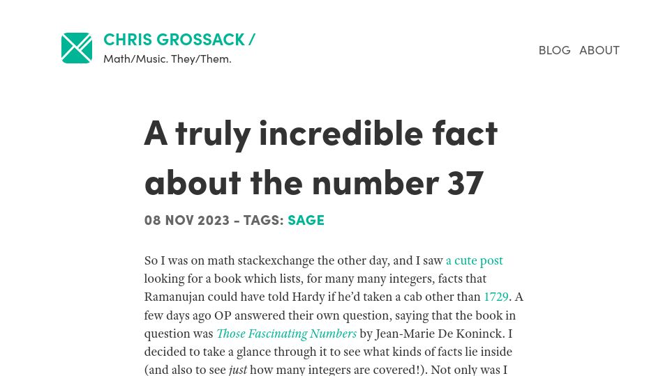 Screenshot of grossack.site: 37, the median value for the second prime factor of an integer