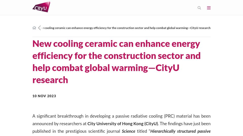 Screenshot of cityu.edu.hk: Passive radiative cooling ceramic with high solar reflectivity