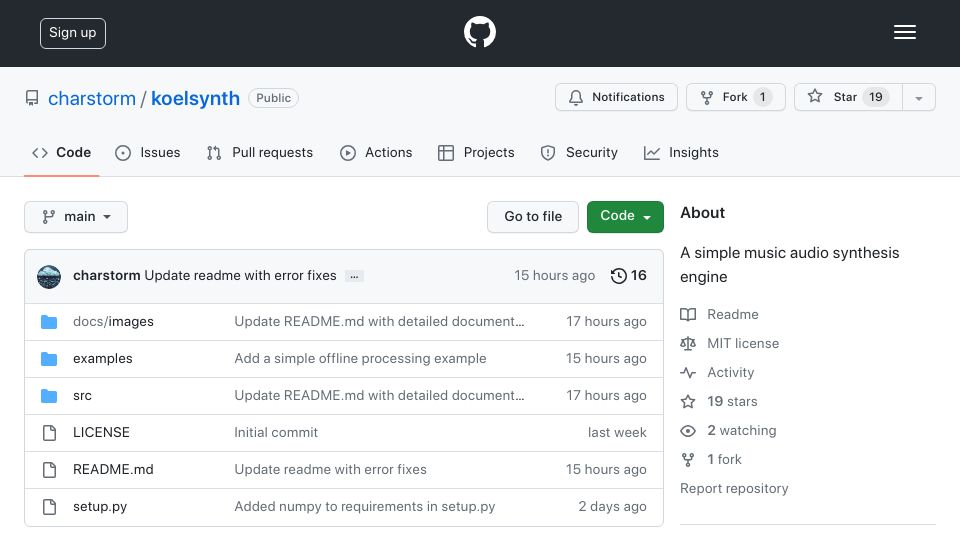 Screenshot of github.com: Show HN: Koelsynth – a simple FM synthesis library
