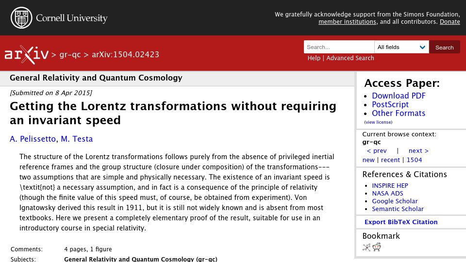 Screenshot of arxiv.org: Getting the Lorentz transformations without requiring an invariant speed (2015)